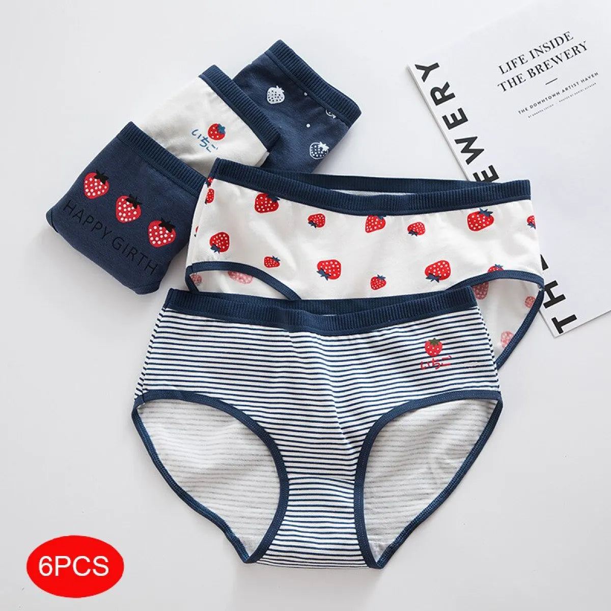 6-Pack Kawaii Strawberry Cotton Panties