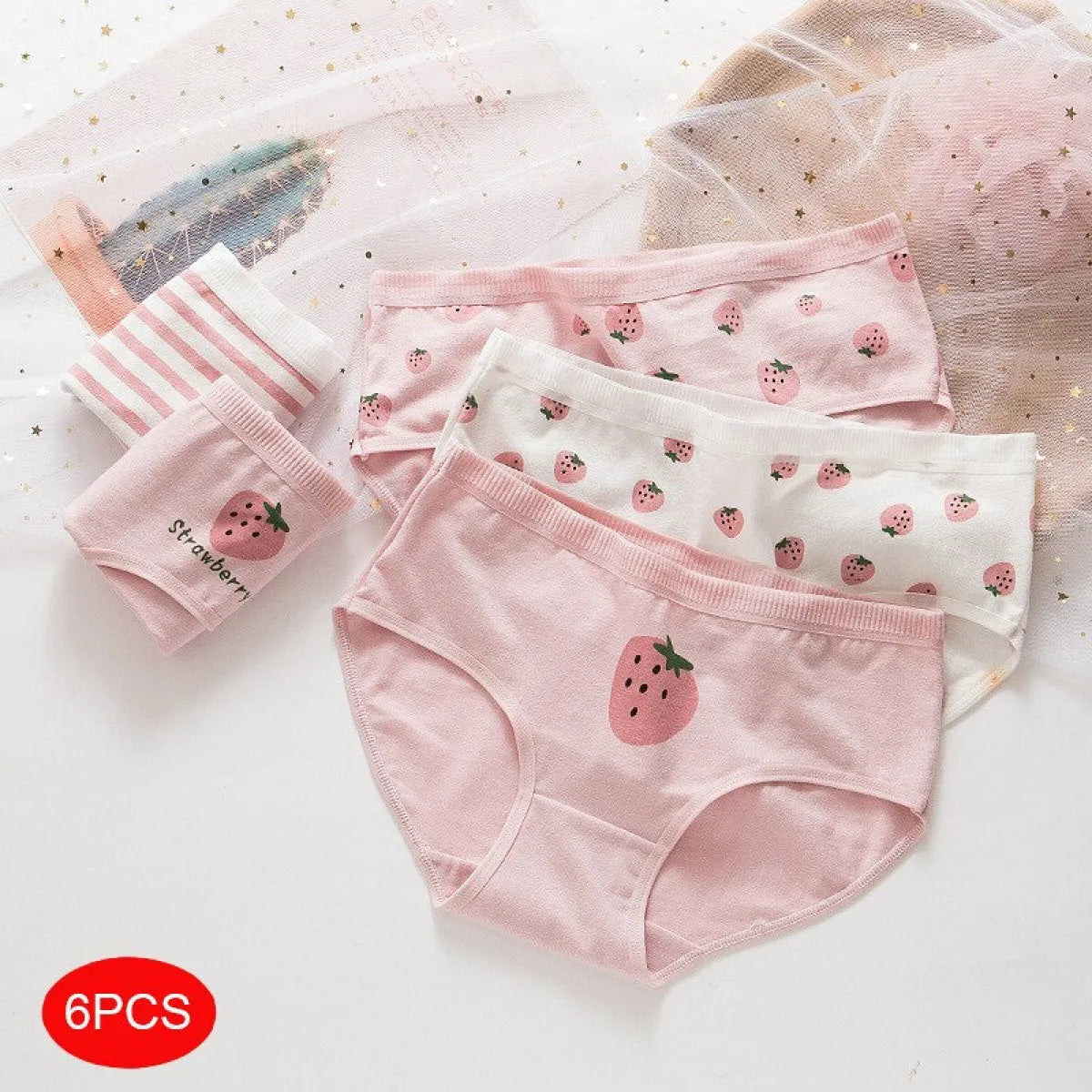 6-Pack Kawaii Strawberry Cotton Panties