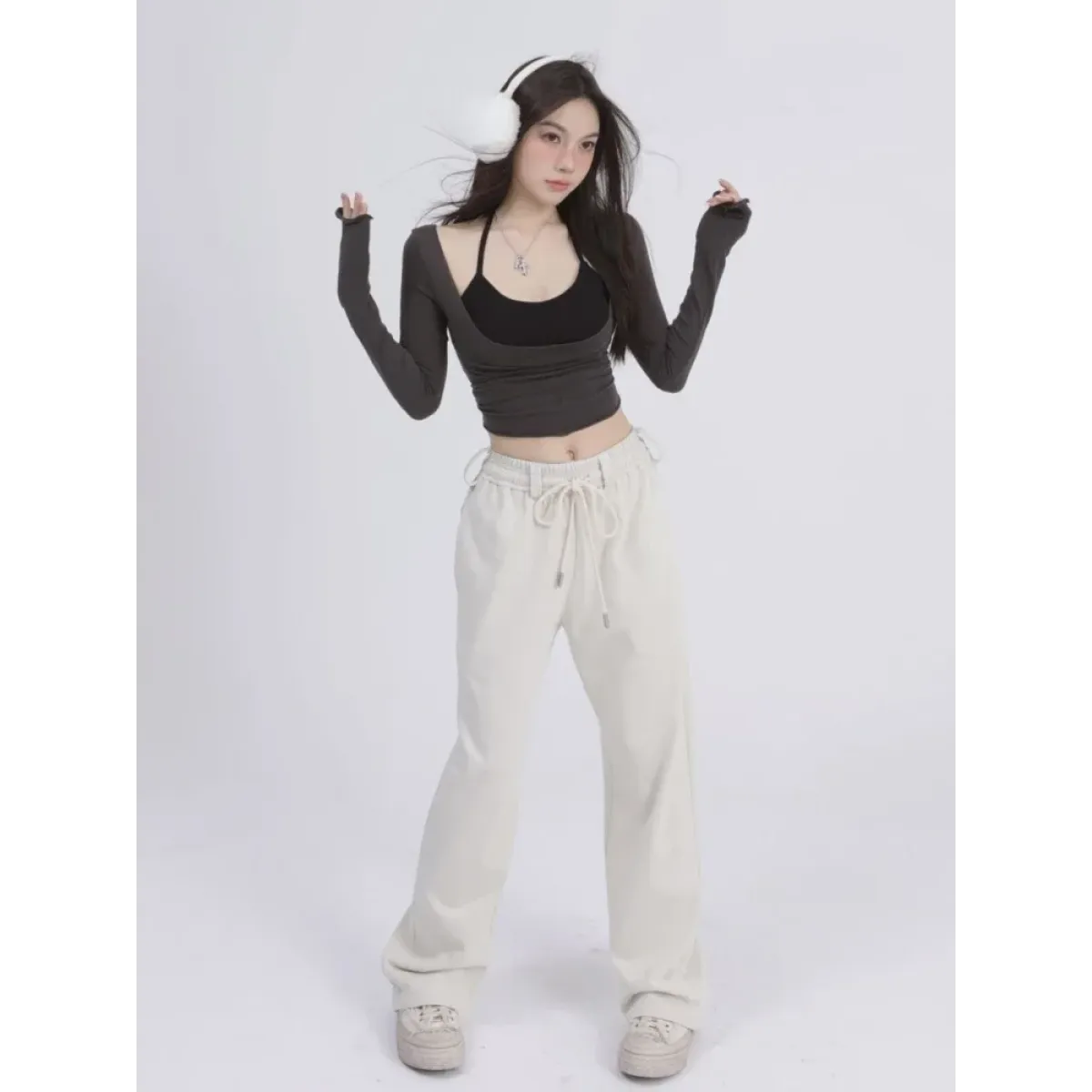 Aesthetic Halter Two-Piece Set - Harajuku Long Sleeve Tee