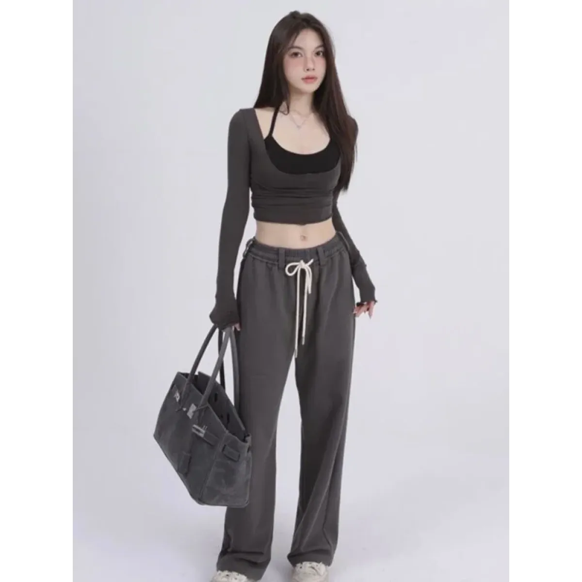 Aesthetic Halter Two-Piece Set - Harajuku Long Sleeve Tee