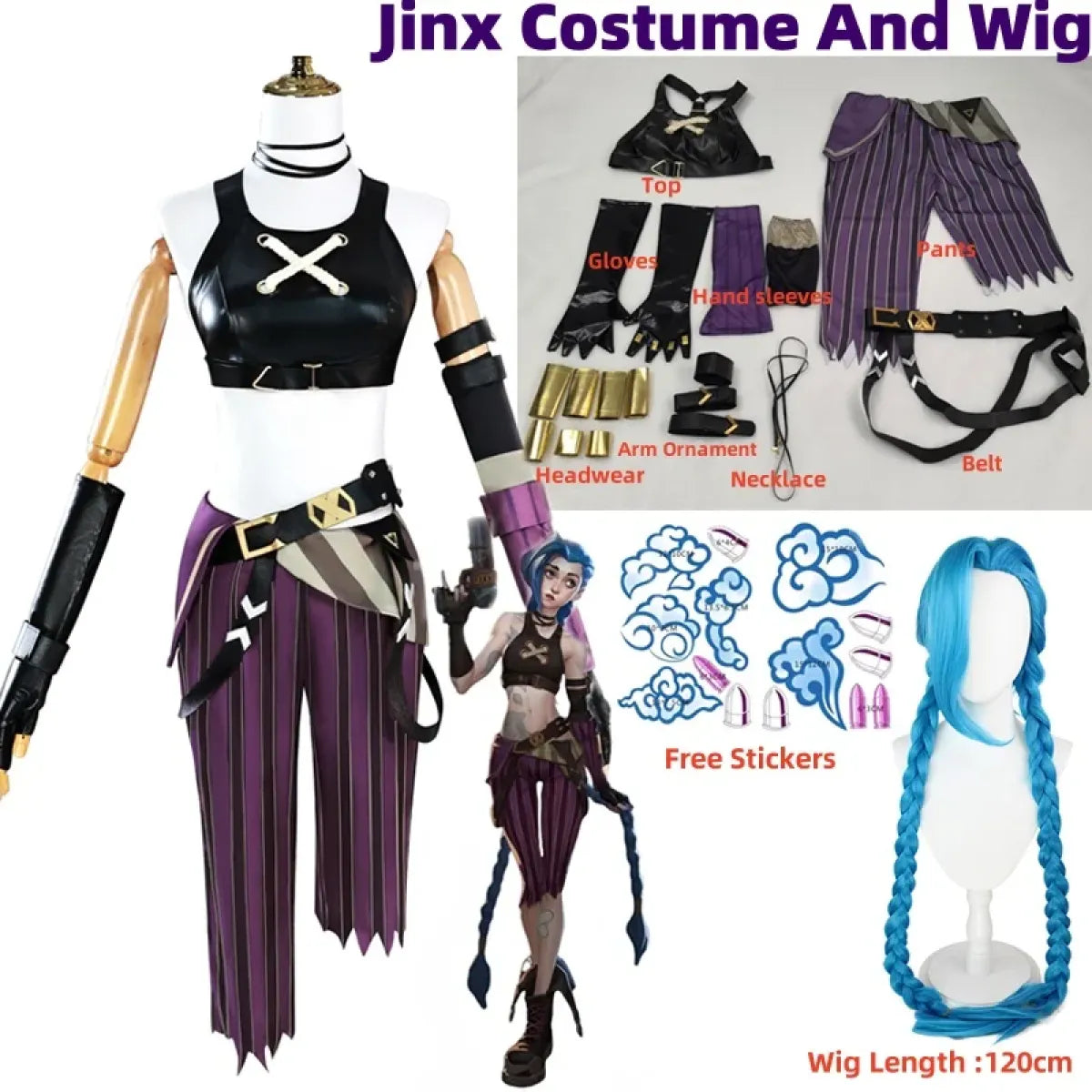 Arcane Jinx Cosplay Costume â€?LOL Season 2 Loli Outfit with Wig & Accessories