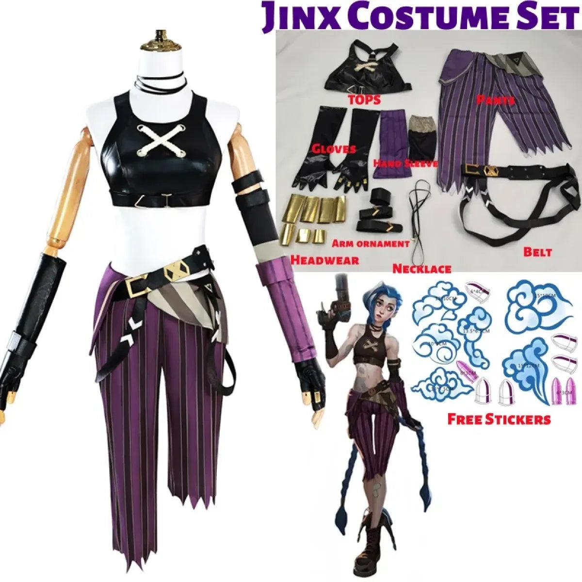 Arcane Jinx Cosplay Costume â€?LOL Season 2 Loli Outfit with Wig & Accessories
