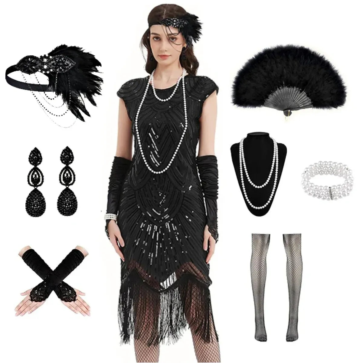 1920s Flapper Sequin Fringe Dress Set