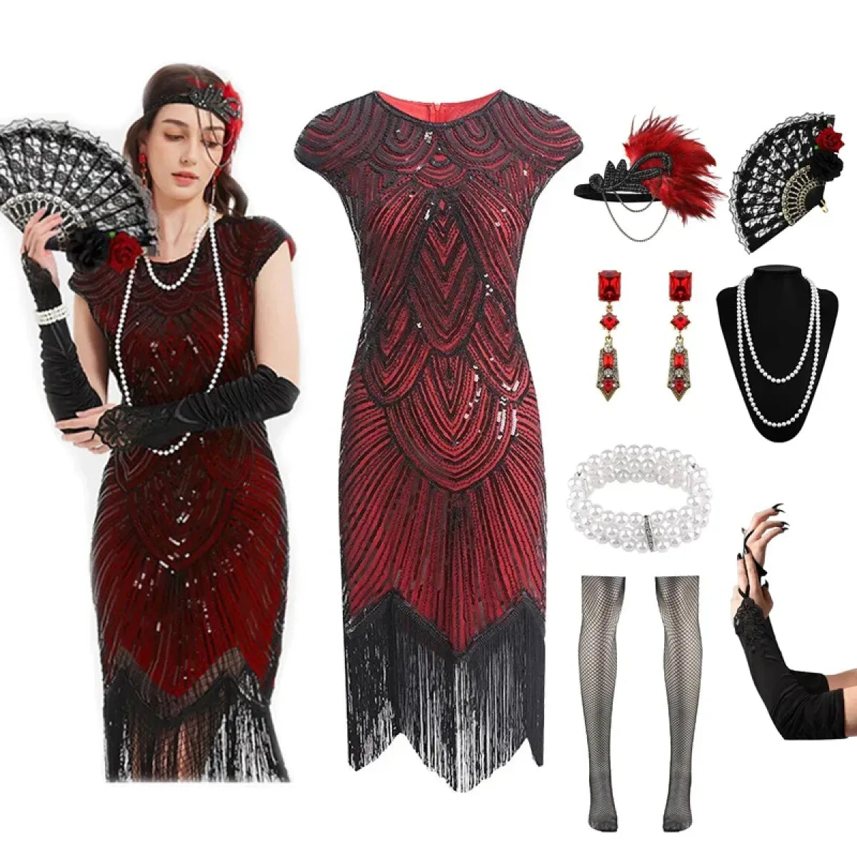 1920s Flapper Sequin Fringe Dress Set