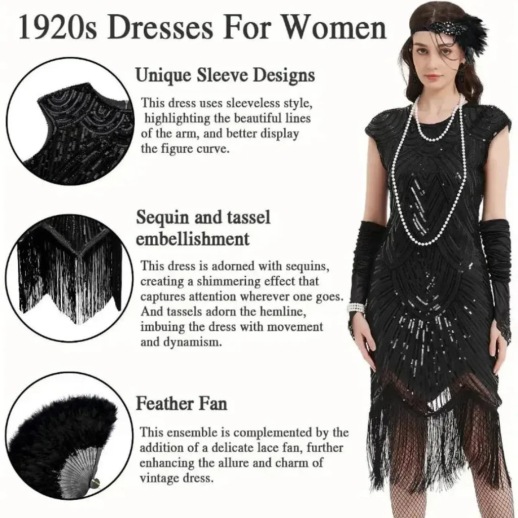 1920s Flapper Sequin Fringe Dress Set
