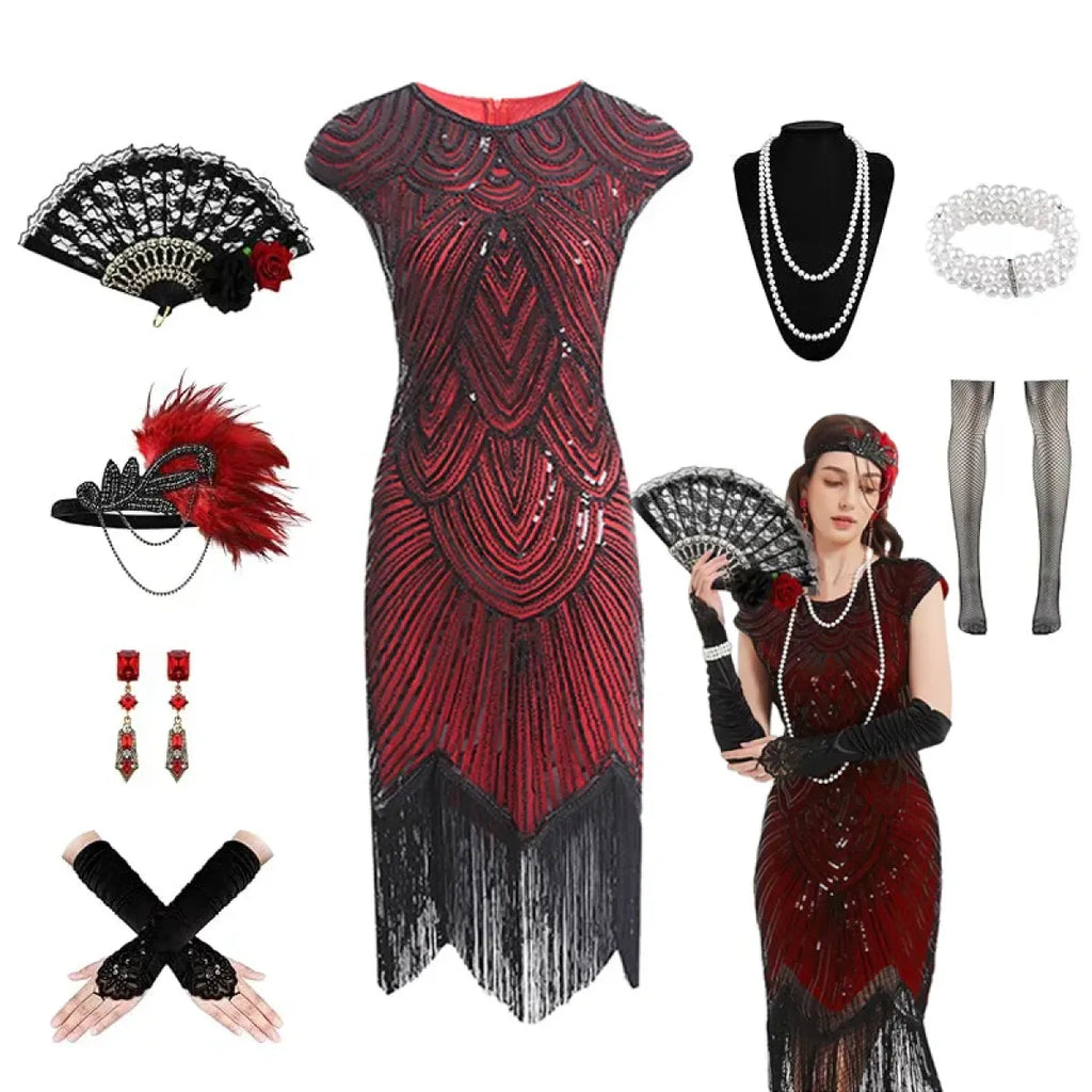 1920s Flapper Sequin Fringe Dress Set