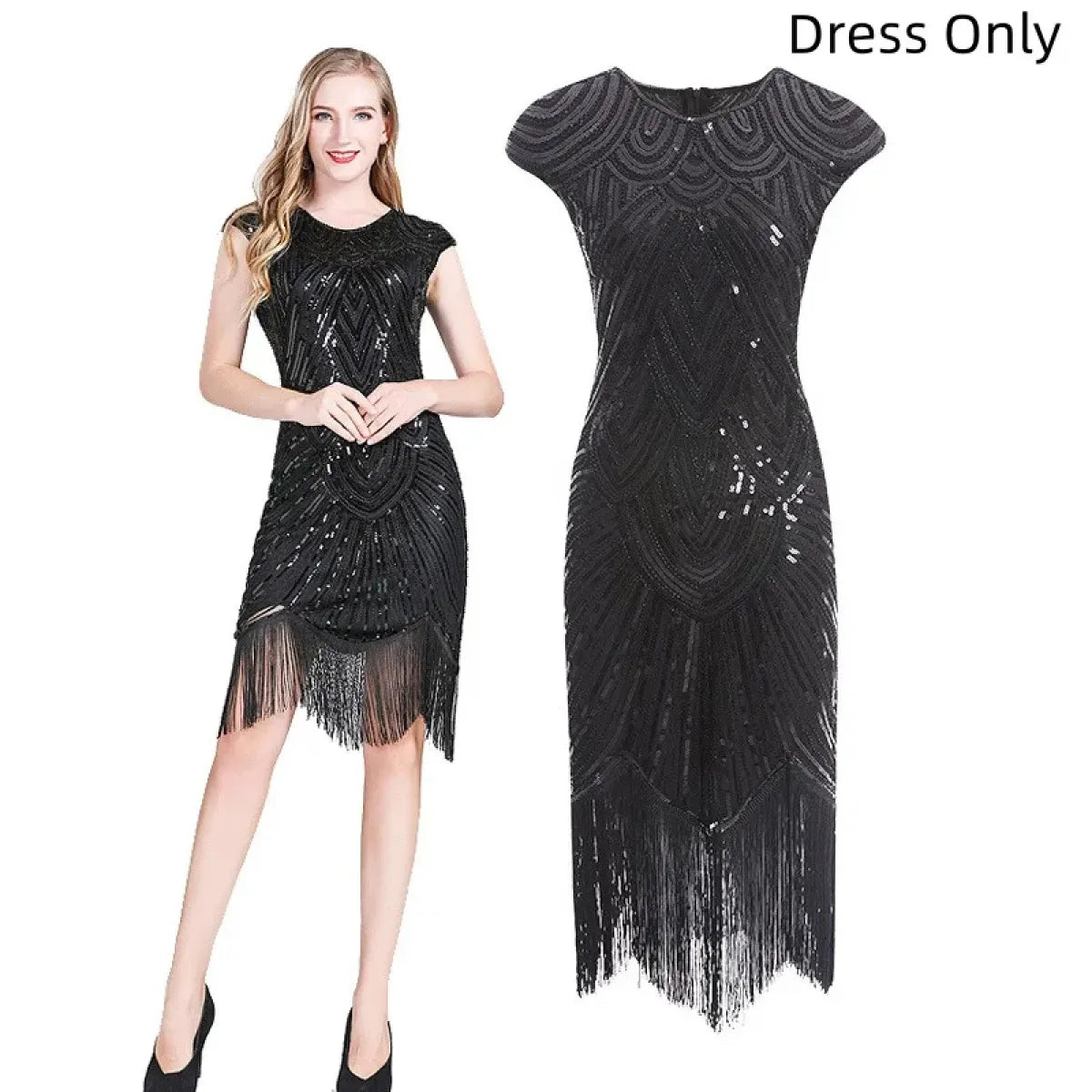1920s Flapper Sequin Fringe Dress Set