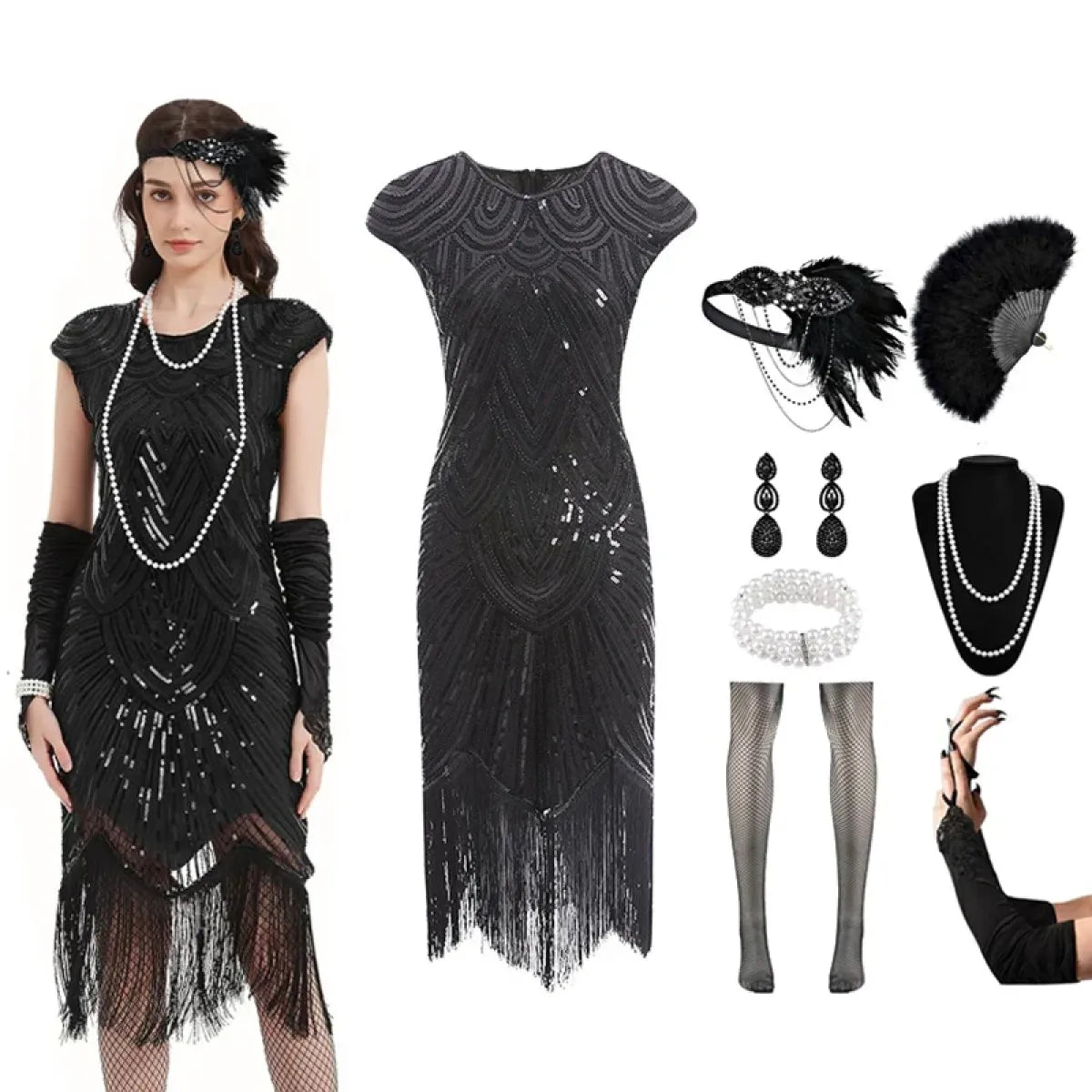1920s Flapper Sequin Fringe Dress Set