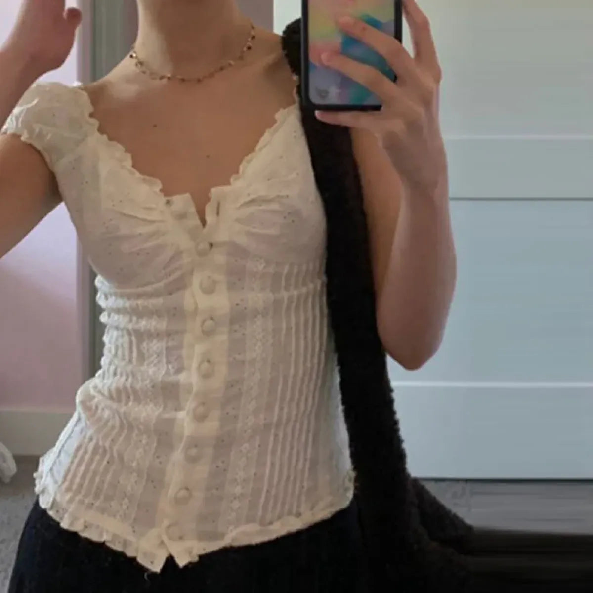 90s Vintage Button-Up Crop Top â€?Fairy Grunge Y2K Aesthetic White Frill Tee