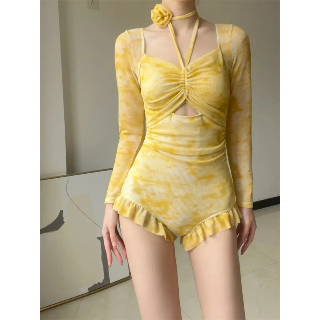 3D Floral Ruffle One-Piece â€?Korean Long Sleeve Beach Bodysuit