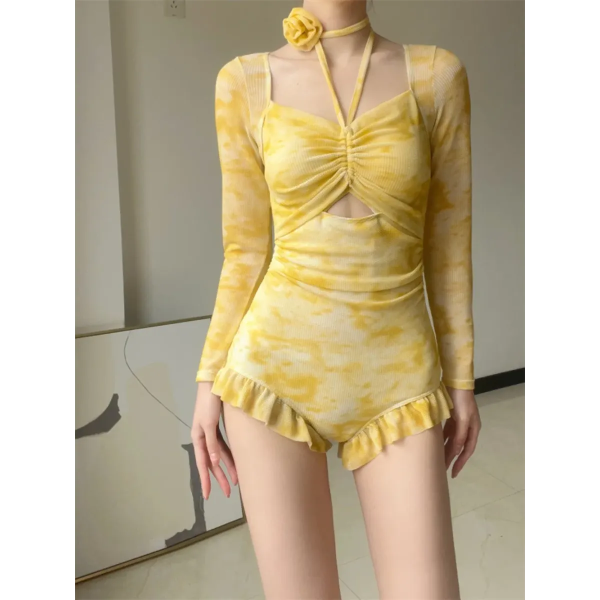 3D Floral Ruffle One-Piece â€?Korean Long Sleeve Beach Bodysuit