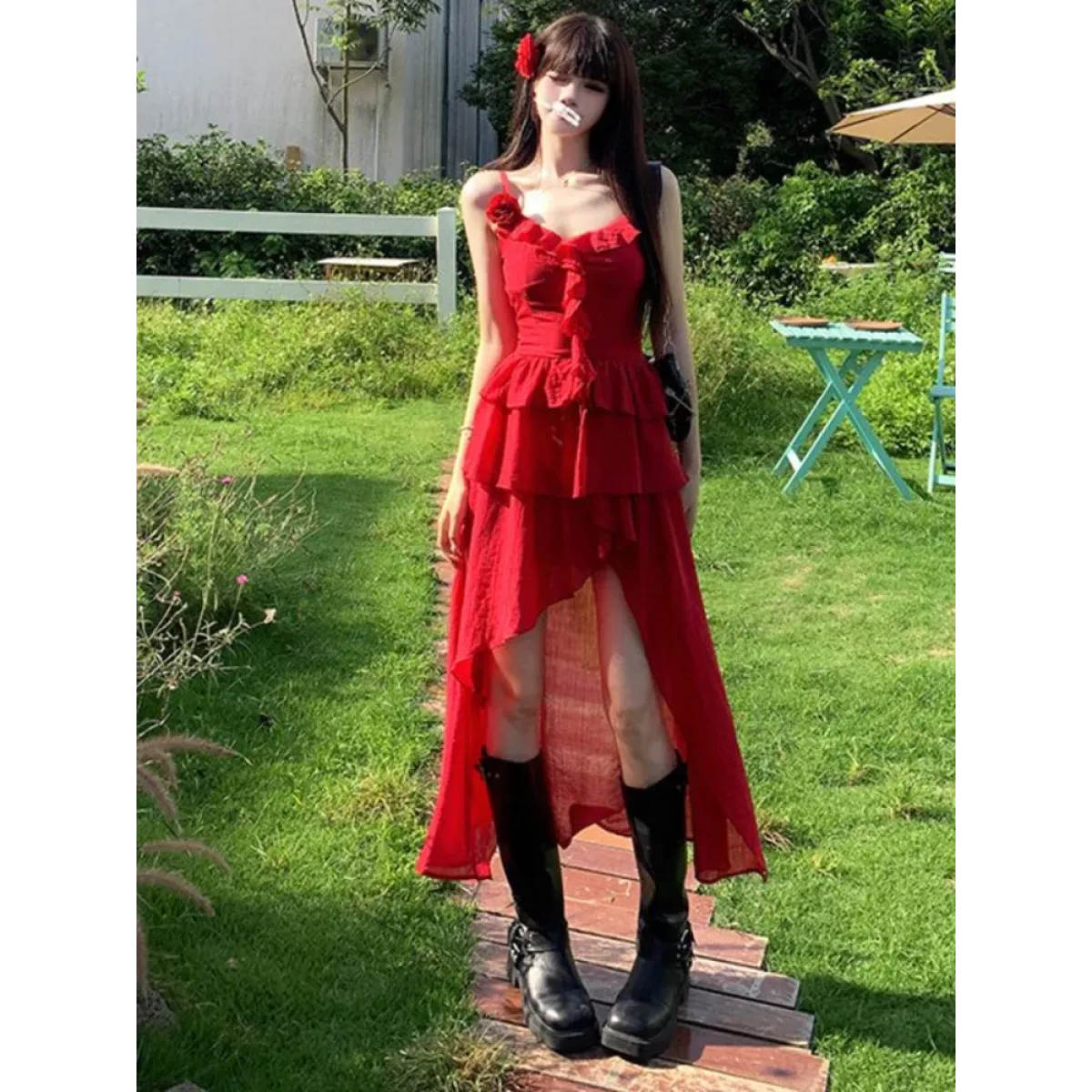 3D Flower Ruffle Irregular Hem Harajuku Dress