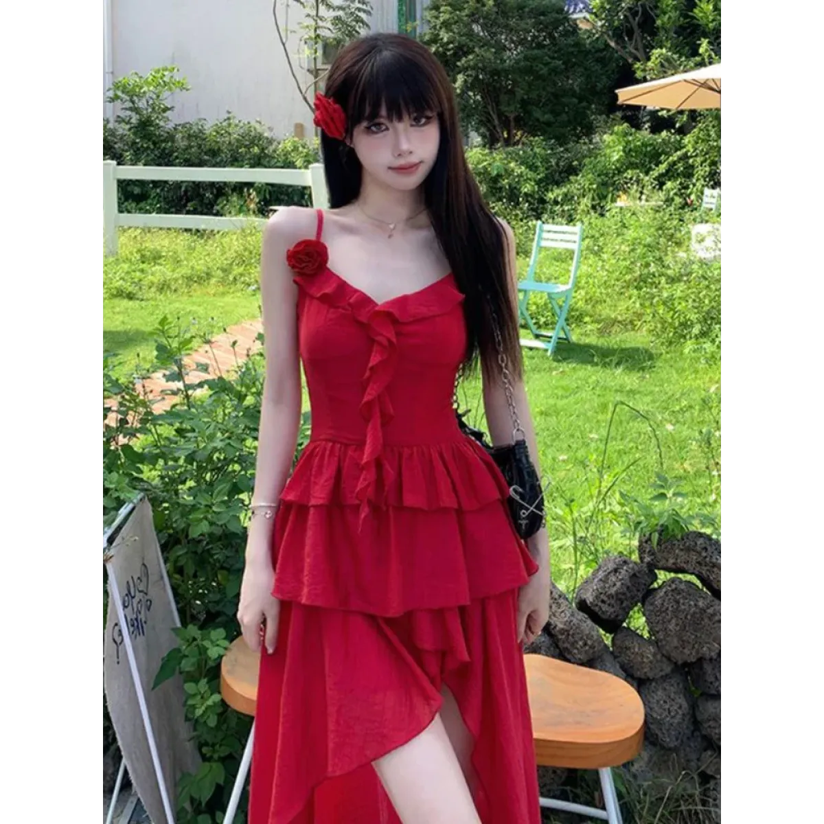 3D Flower Ruffle Irregular Hem Harajuku Dress