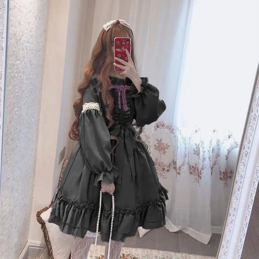 Alice in Wonderland Lolita Dress â€?Harajuku Fairycore Long Sleeve OP with Lace Trim