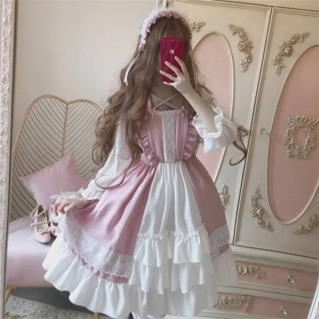 Alice in Wonderland Lolita Dress â€?Harajuku Fairycore Long Sleeve OP with Lace Trim