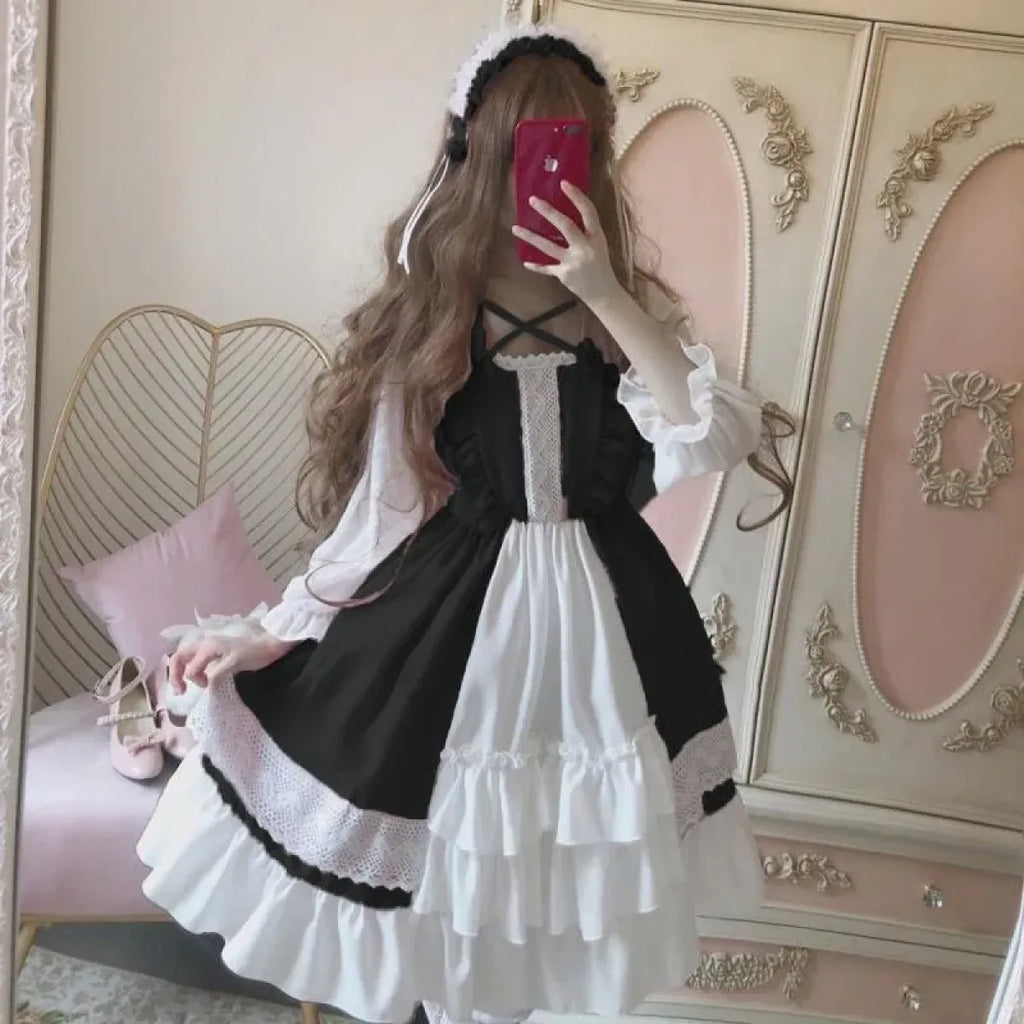 Alice in Wonderland Lolita Dress â€?Harajuku Fairycore Long Sleeve OP with Lace Trim