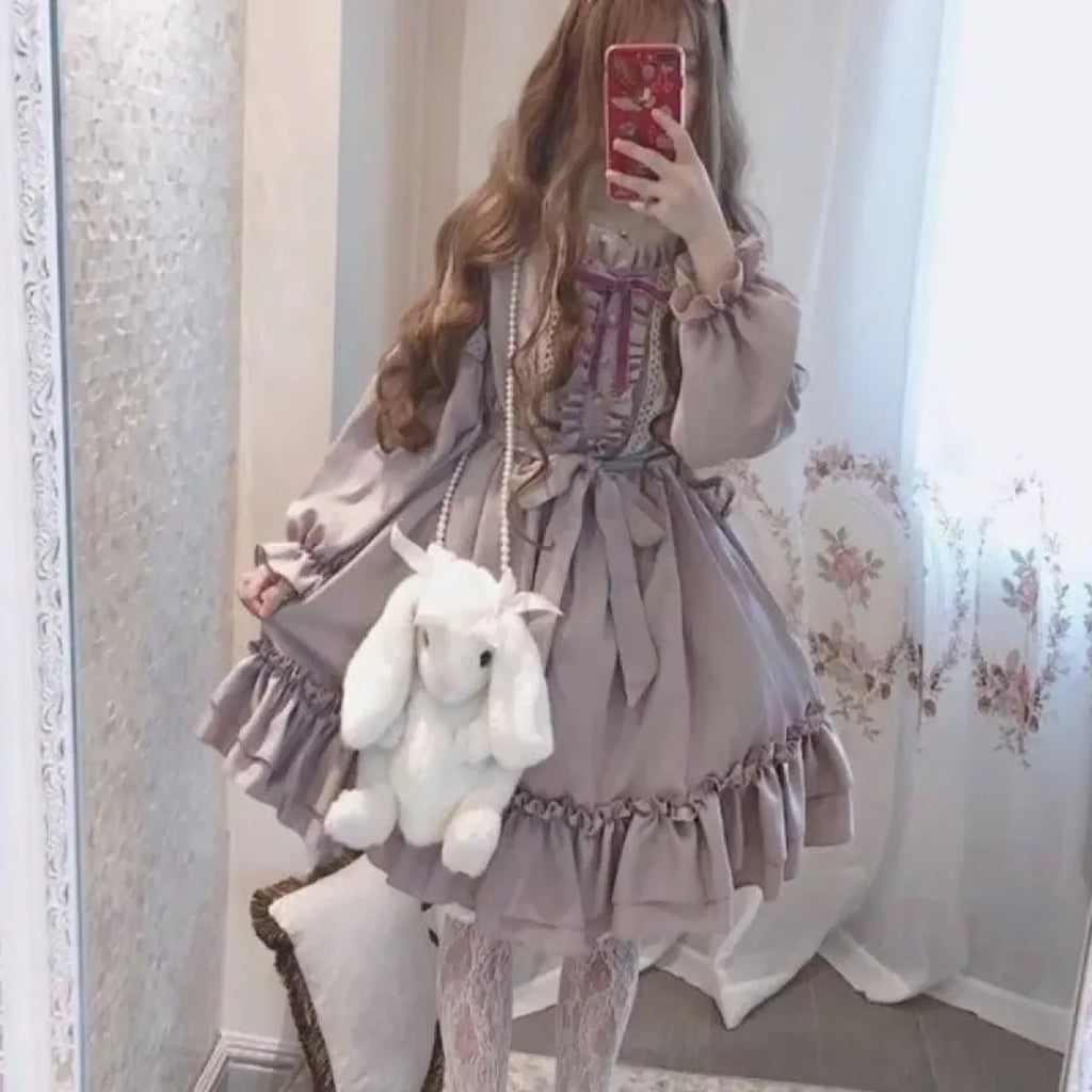 Alice in Wonderland Lolita Dress â€?Harajuku Fairycore Long Sleeve OP with Lace Trim