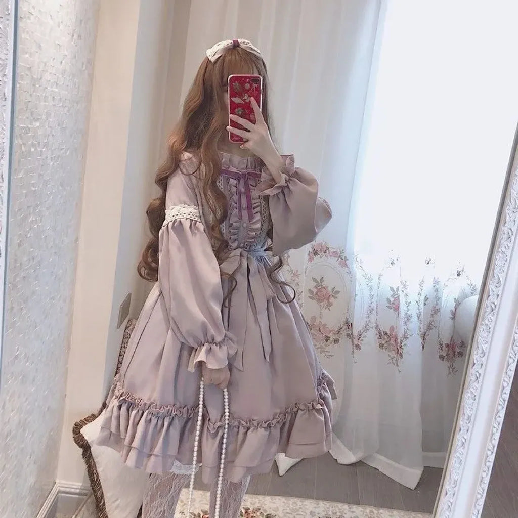 Alice in Wonderland Lolita Dress â€?Harajuku Fairycore Long Sleeve OP with Lace Trim
