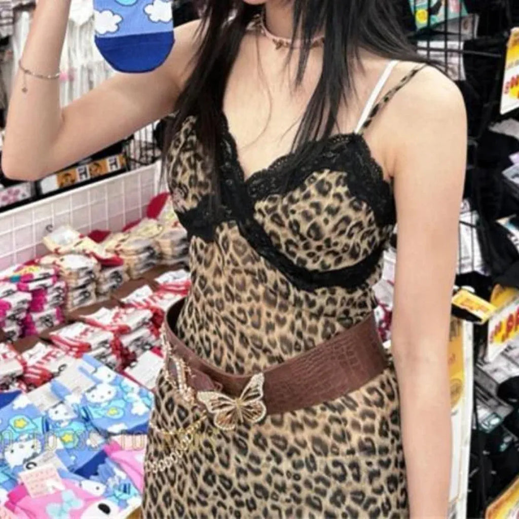 Animal Pattern Y2K Lace Trim Slip Dress