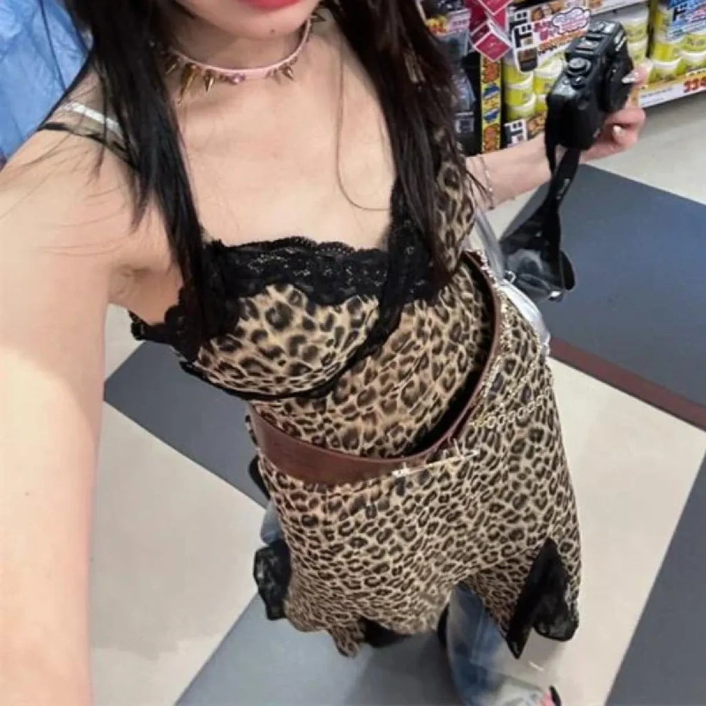 Animal Pattern Y2K Lace Trim Slip Dress
