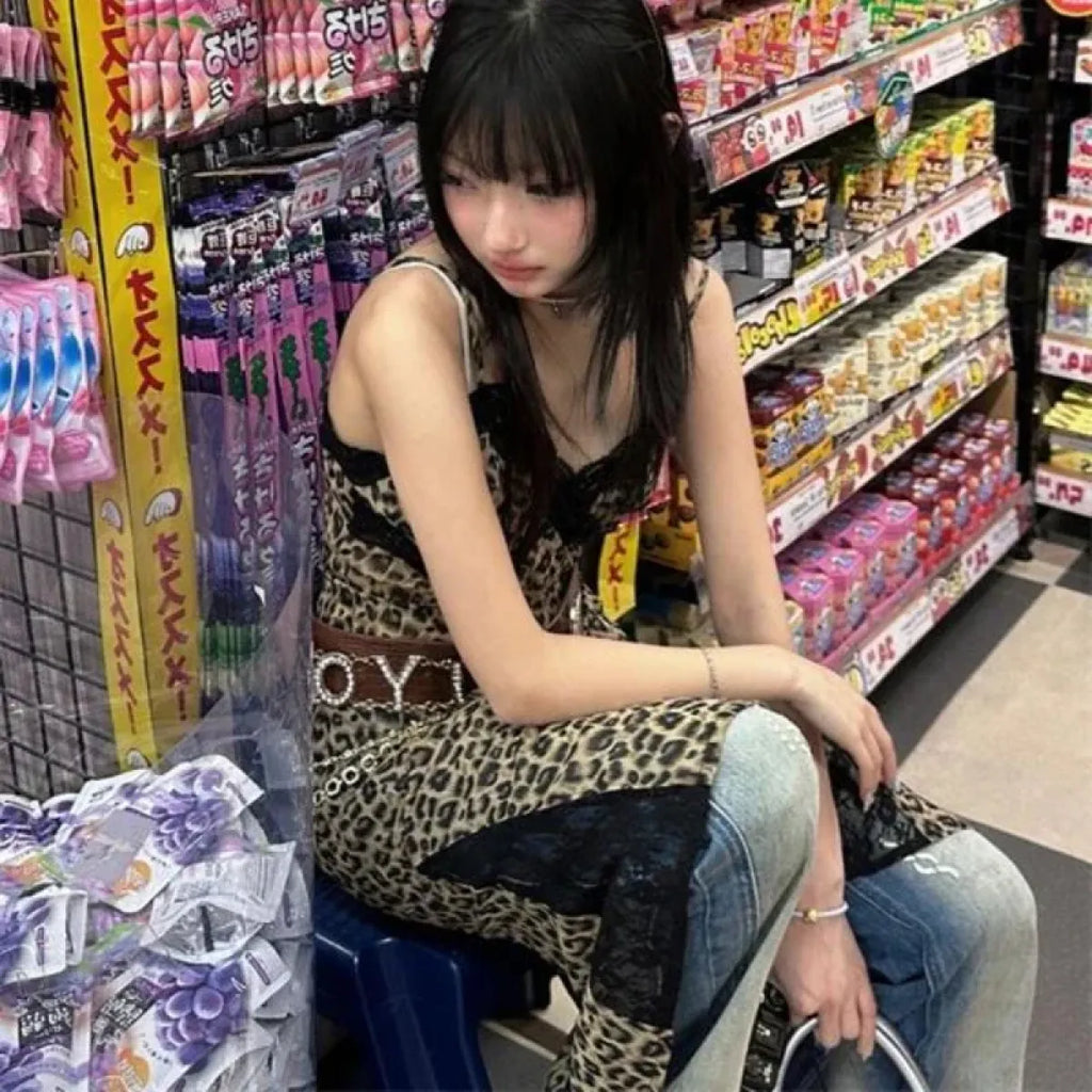 Animal Pattern Y2K Lace Trim Slip Dress