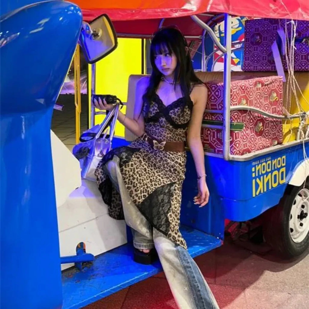 Animal Pattern Y2K Lace Trim Slip Dress