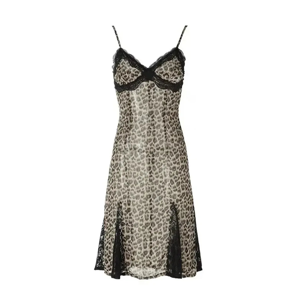 Animal Pattern Y2K Lace Trim Slip Dress